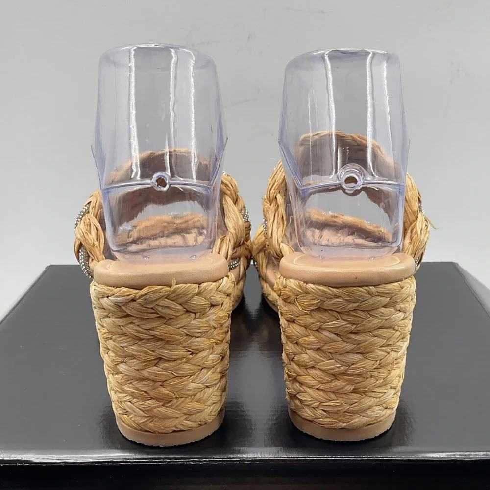Stuart Weitzman Braided Raffia Crystal Wedge Sandals Natural Tan Women Size 8
